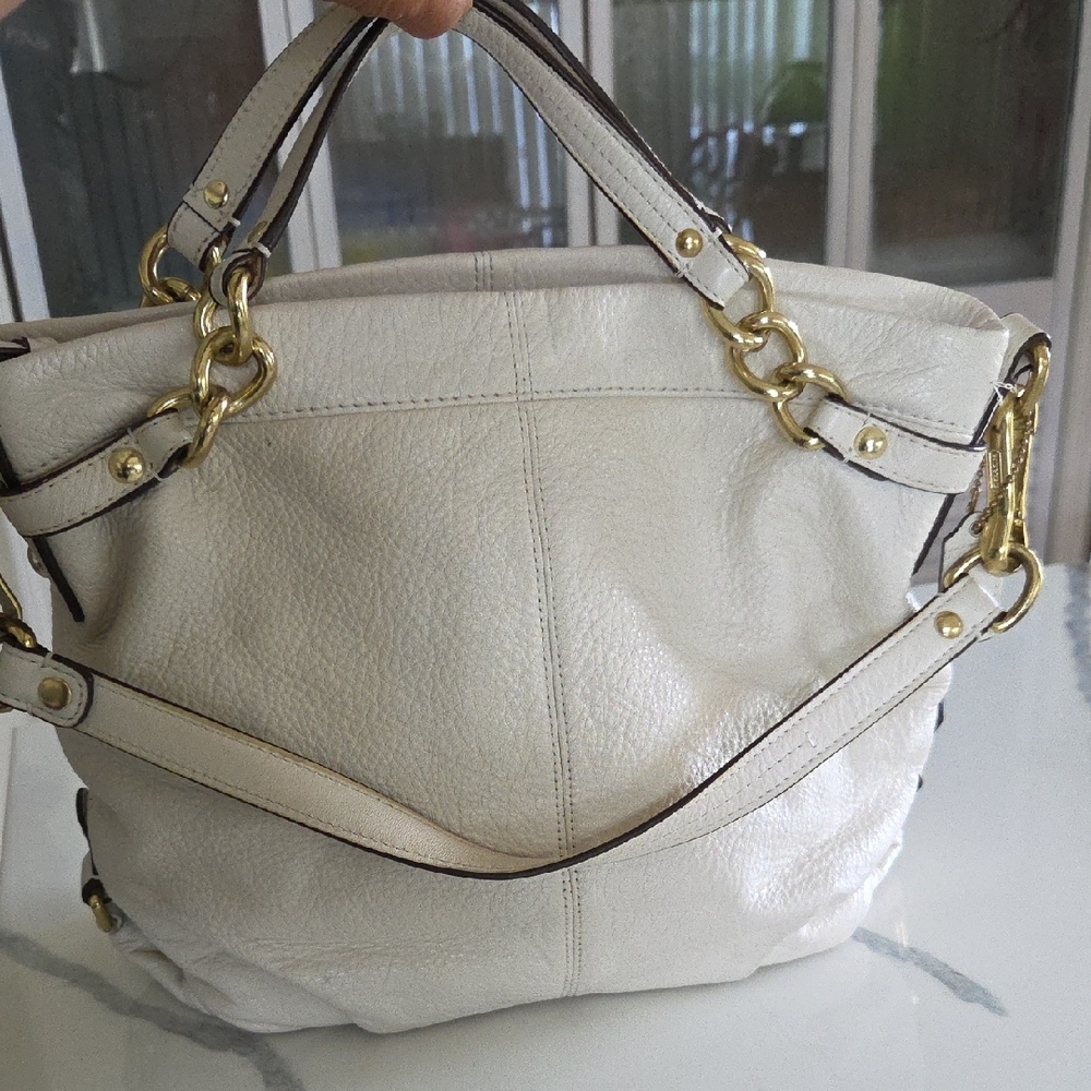 Vintage Coach Cream Leather Shoulder Bag with Gold Accents